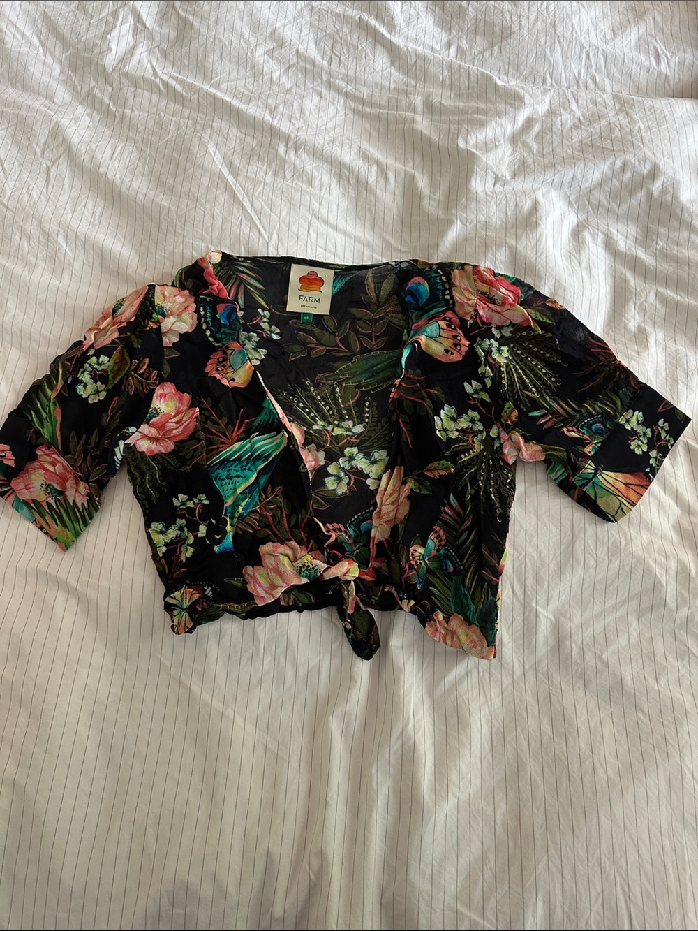 FARM Rio Black Floral Tie-Front Crop Top with Pink & Green Accents